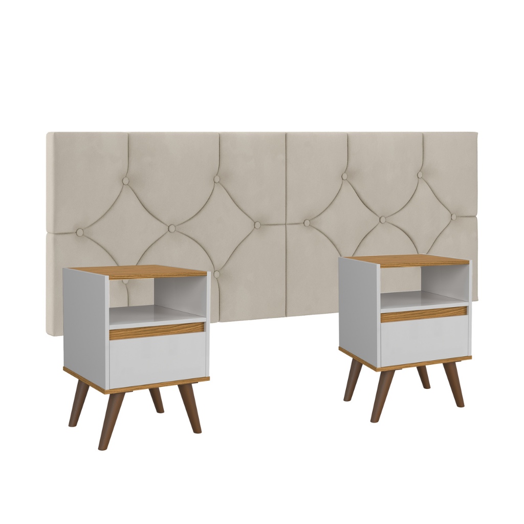 Conjunto Mesa De Cab Com Gaveta Cabeceira Estofada Para Cama Queen CLASSIC 160 + KIT TED BRA/FREIJO