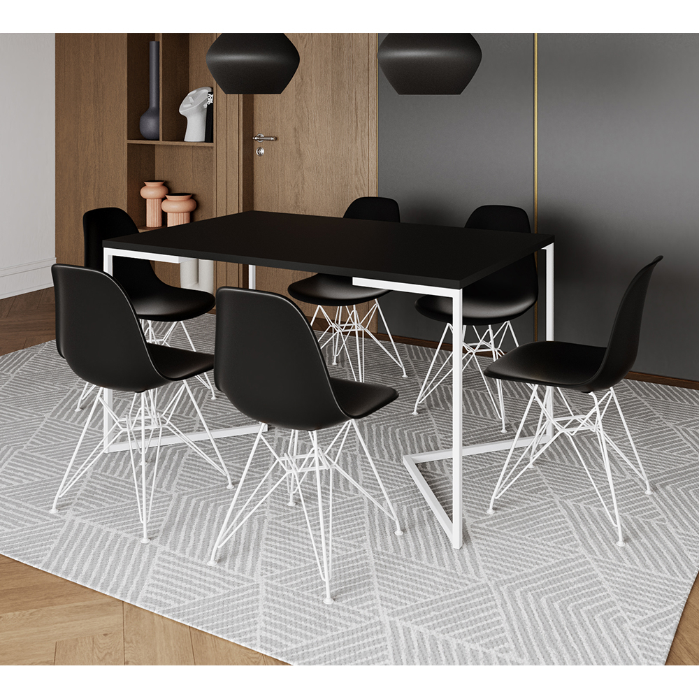 Mesa Industrial Jantar Retangular 137x90cm Preta Base V Com 6 Cadeiras Eames Eiffel Pretas Ferro Bra