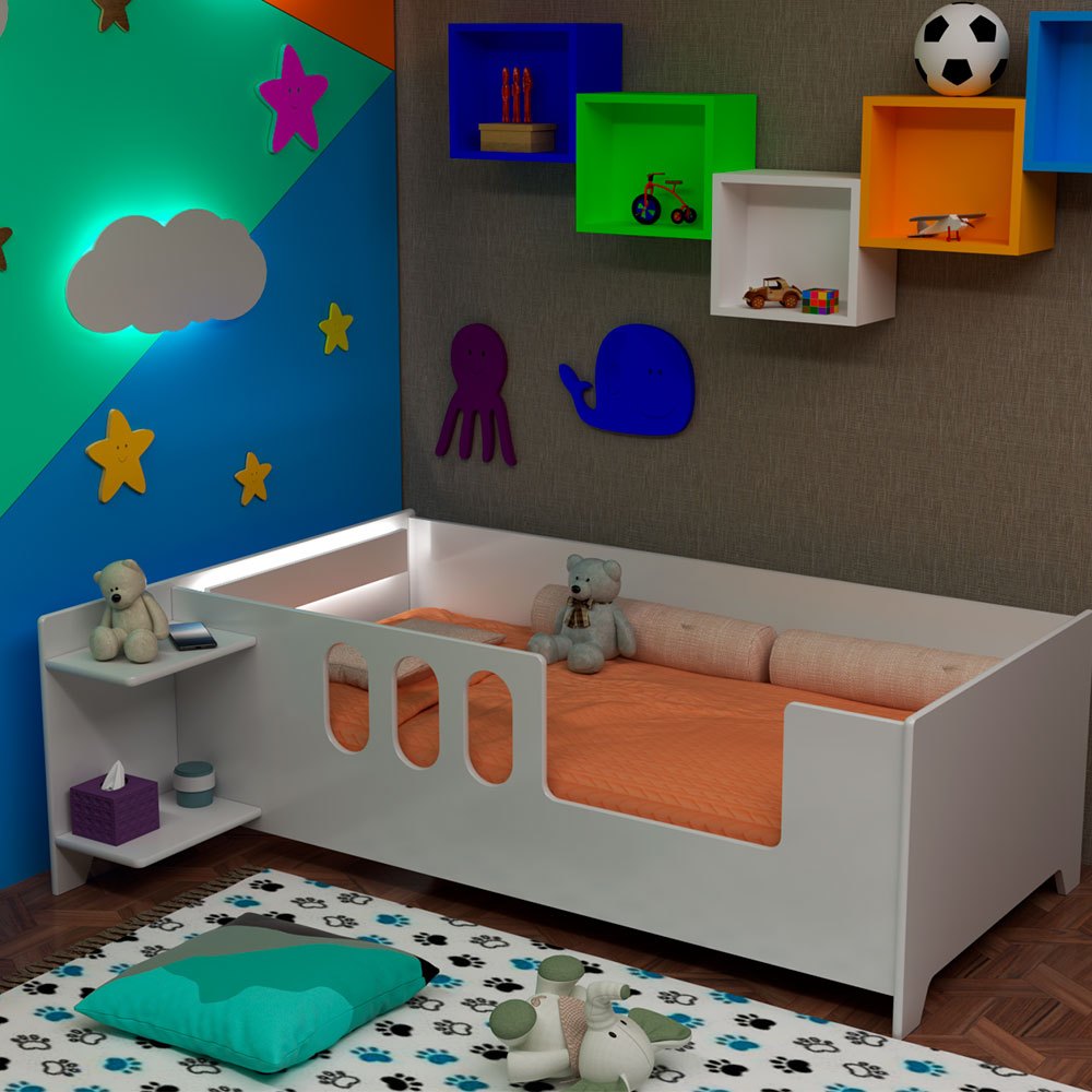 Cama Infantil Montessoriana Livia Com Led Usb Prateleiras Divaloto Acompanha Mesa De Cabeceira - Bra