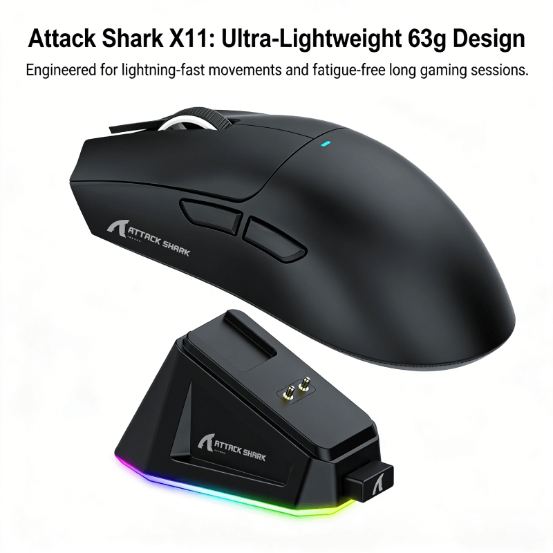 Mouse Attack Shark X11 Bluetooth para notebook sem fio com dock de carregamento magnético 63 g ultraleve 22000 DPI novo