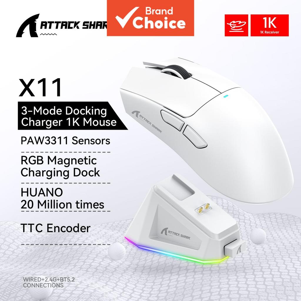 Mouse Gamer Attack Shark X11 59G Tri-Modo Ultraleve, Base de Carregamento Magnético RGB com Sensor Paw3311