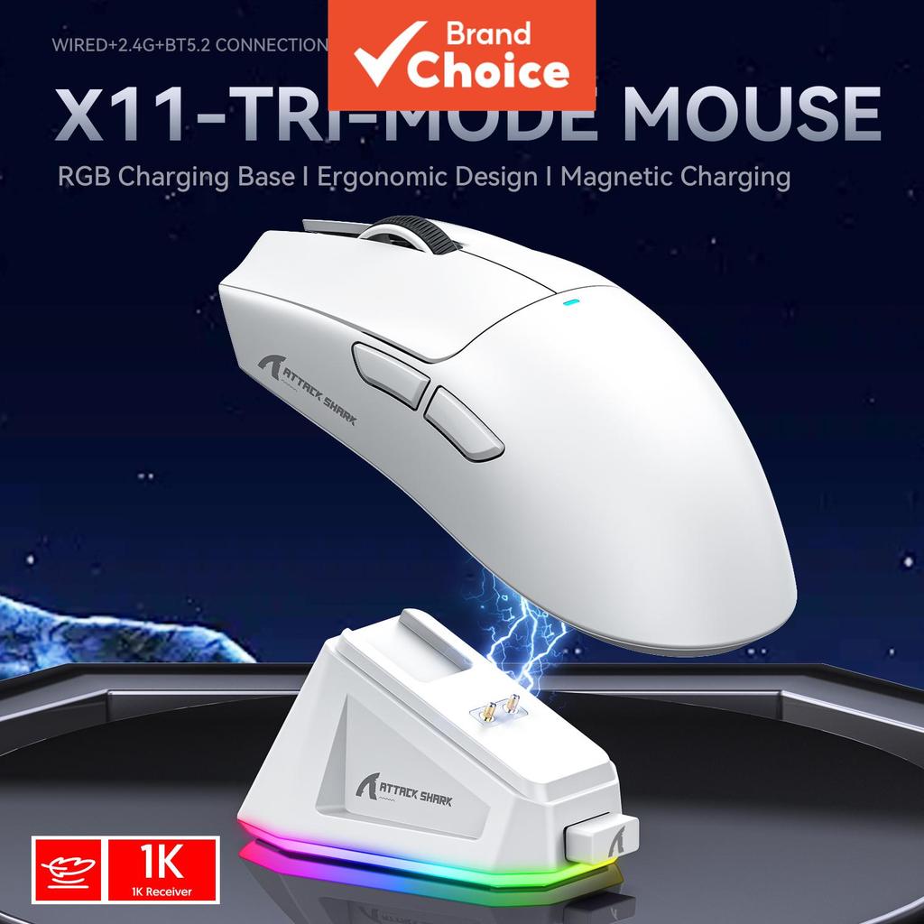 Mouse Gamer Attack Shark X11 Leve, Sensor PAW3311, 3 Modos Sem Fio (Bluetooth), Recarregável, RGB