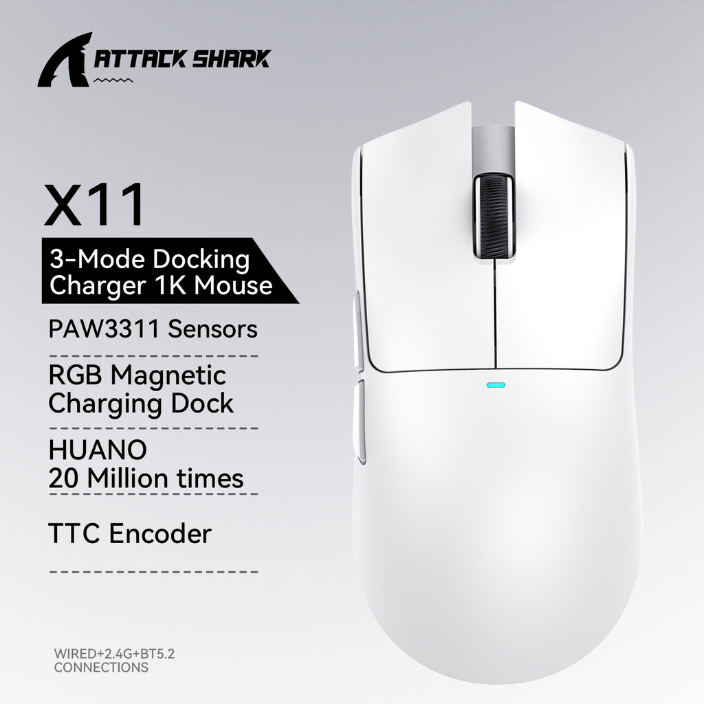 Mouse Gamer Bluetooth Attack Shark X11 PAW3311 Preto, Dock de Carregamento Magnético por Toque, Conectividade Tripla