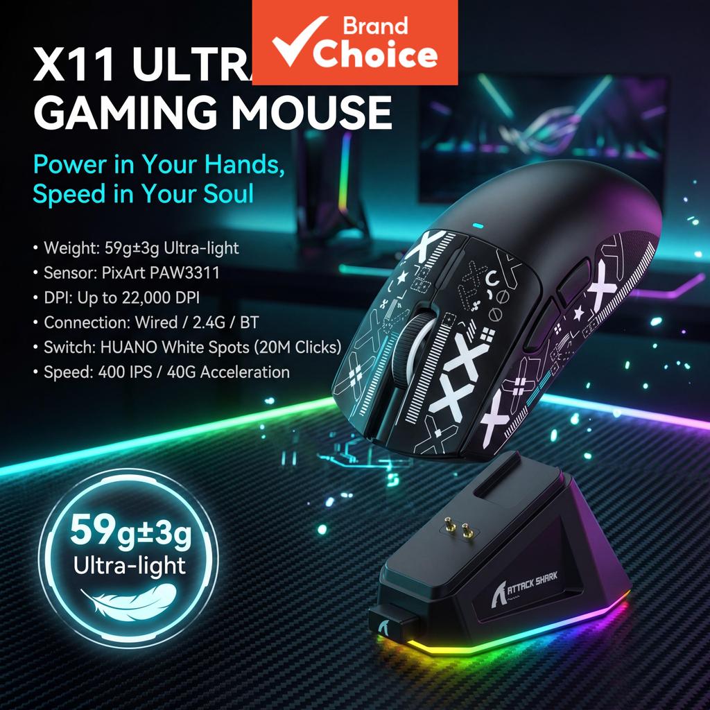 Mouse Gamer Attack Shark X11 59g Ultra Leve 3 Modos Polling Rate 400IPS Sensor PixArt PAW3311 DPI Ajustável 800-22000