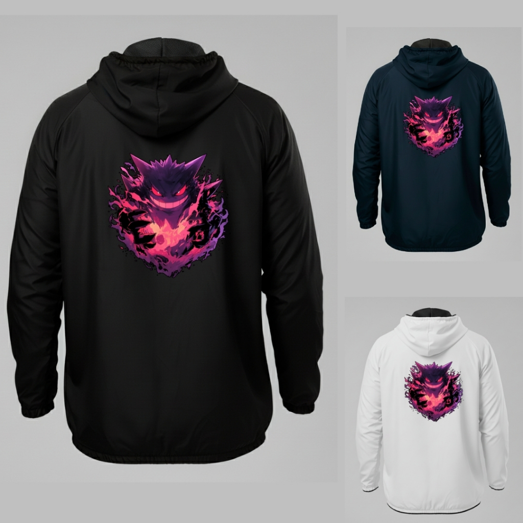 Jaqueta Corta Vento Impermeável Capuz Anime Pokémon Gengar