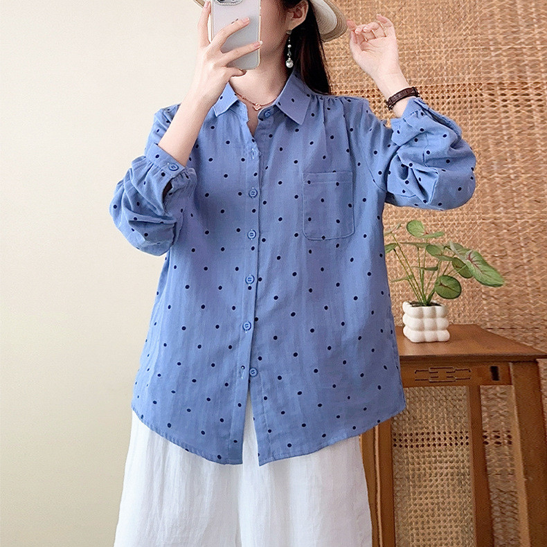 Camisa feminina tamanho grande puro algodão bolinhas impressa dupla camada fio de algodão camisa simples solta Casual ca