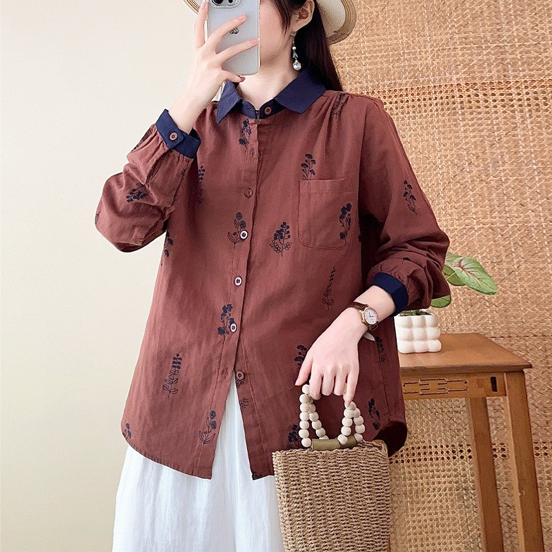 Novo japonês simples estilo Casual dupla camada fio de algodão puro camisa feminina solta mais magro olhar Retro impress