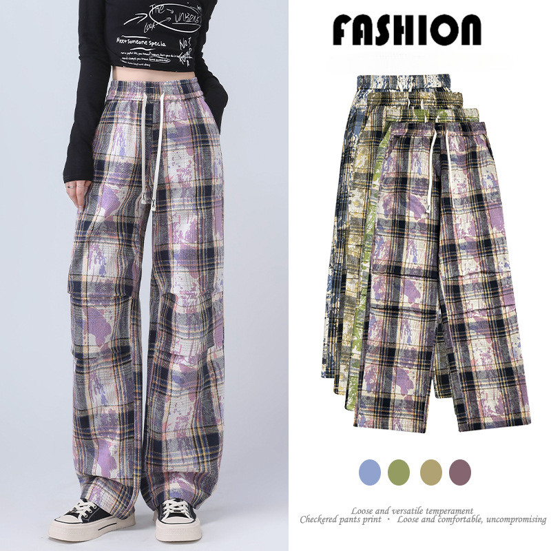 Calça feminina xadrez Tie-Dye tamanho grande, perna larga, cortina solta, moda Casual