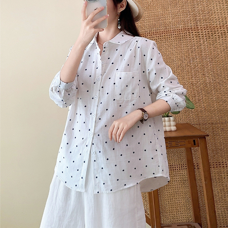 Tamanho grande puro algodão bolinhas impresso dupla camada fio de algodão Commuter camisa feminina solta Casual camisa d