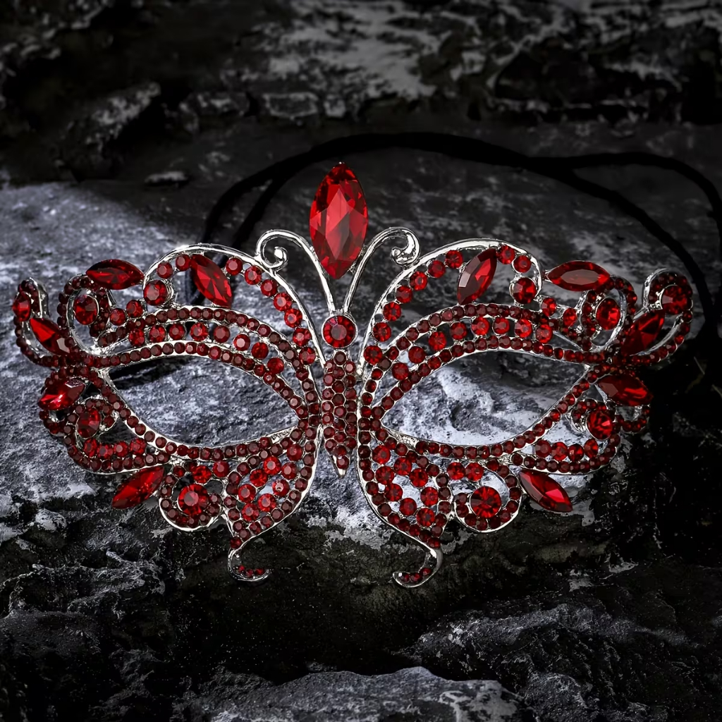 Máscara de Borboleta Vermelha de liga com strass brilhantes - Design luxuoso para bailes a fantasia e carnaval