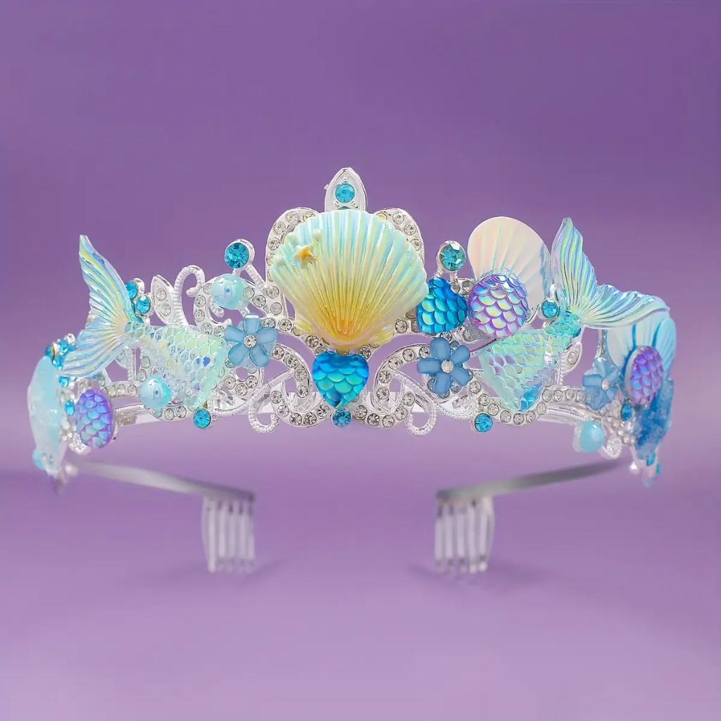 Tiara da Princesa Sereia AZUL - Coroa de Liga Temática Oceano com Rhinestones Coloridos, Acentos de Concha e Borboleta
