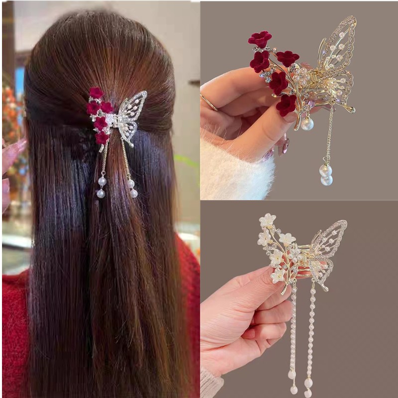 Conjunto Único De Grampo De Cabelo Coreano , Clipe De Borla De Borboleta , Incrustação De Diamante , Meio Risco De Liga