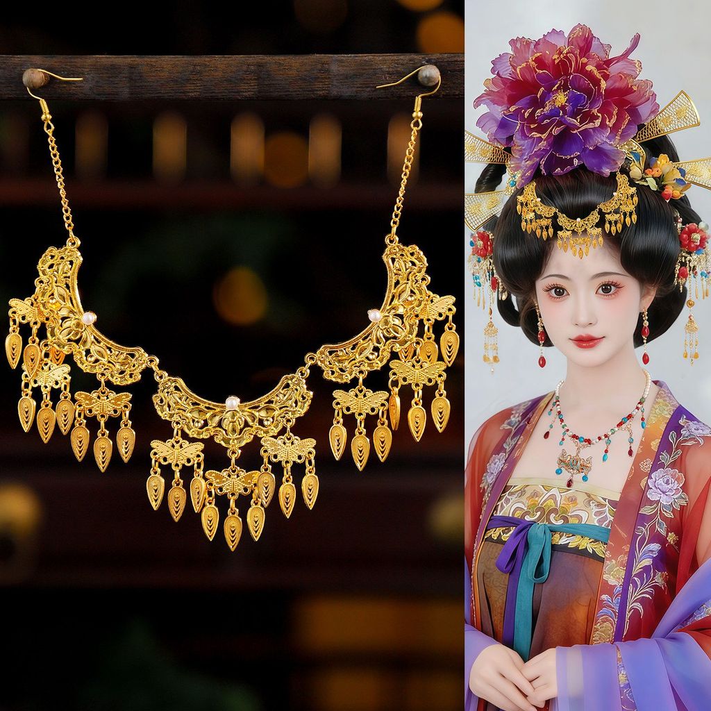 Antigo Hanfu acessórios liga borboleta folha borla testa ornamentos estilo Tang oco lindo testa pendurado Retro All-Matc