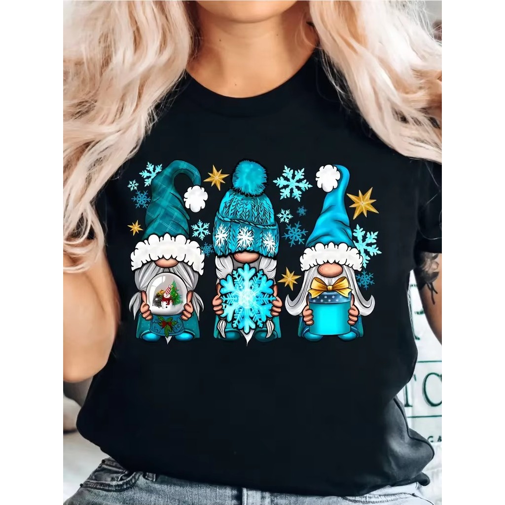 Camiseta feminina com estampa de gnome de natal, manga curta, casual, lavável, festa de feriado, presente de gnome