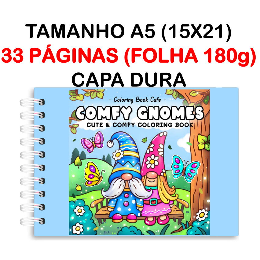 Livro de Colorir Comfy Gnomes com 33 Folhas Papel 180g wire-o capa holográfica e elástico