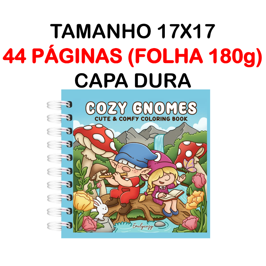 Livro de Colorir Cozy Gnomes com 44 desenhos (Folha180g) - CAPA DURA