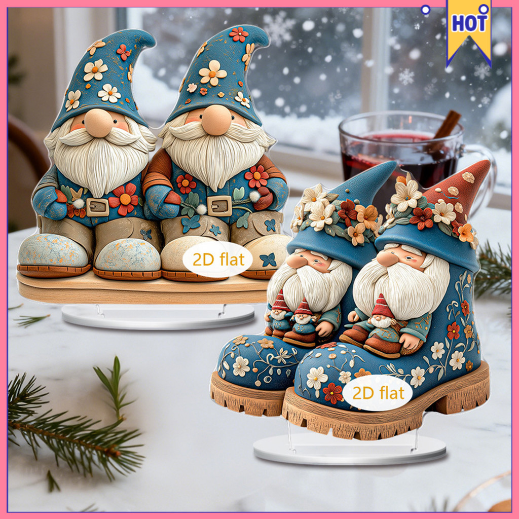 Three Musical Christmas Gnomes Tabletop Decor – 2d Acrylic Vintage Santa Ornament for Room Study Fireplace Festive Hol
