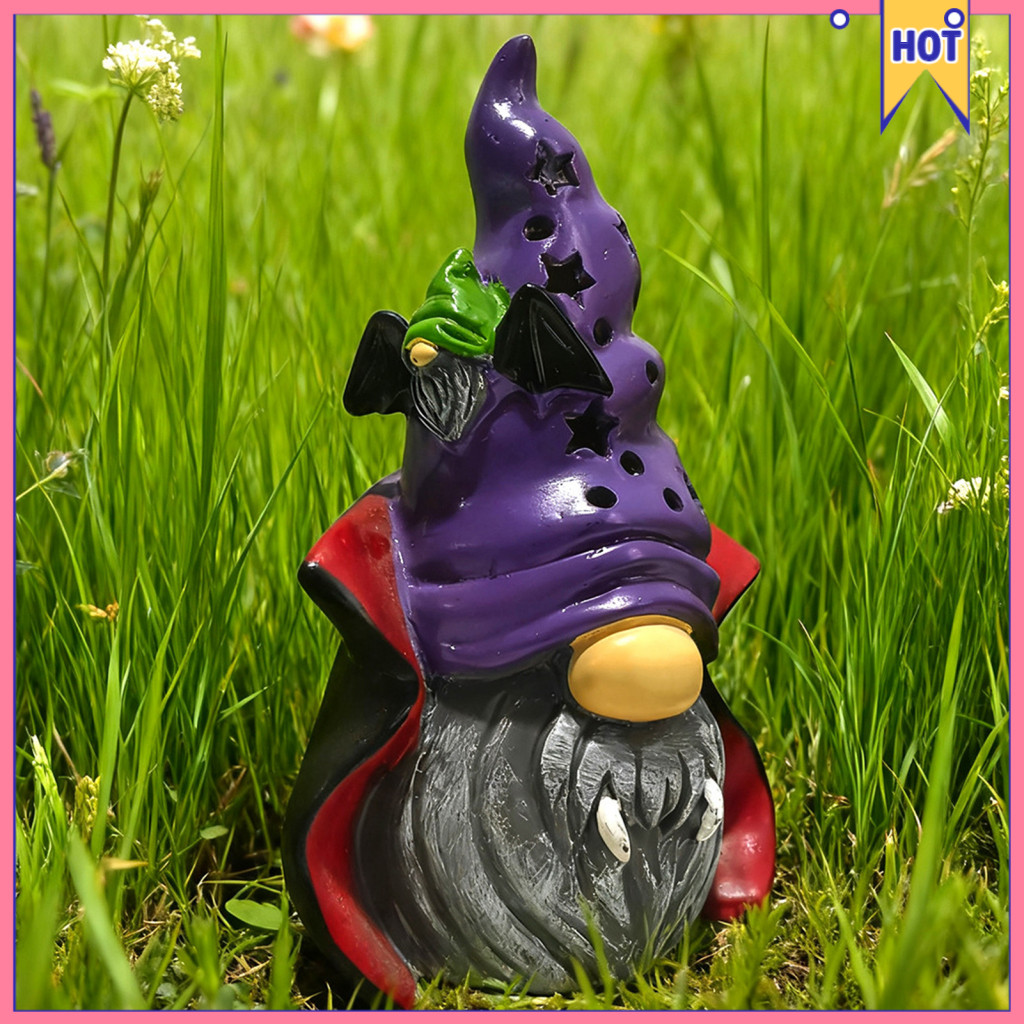 Halloween Vampire Gnome Figurine Resin Statue Faceless Dwarf with Purple Star Hat Cape Spooky Cute Haunted House Decor S