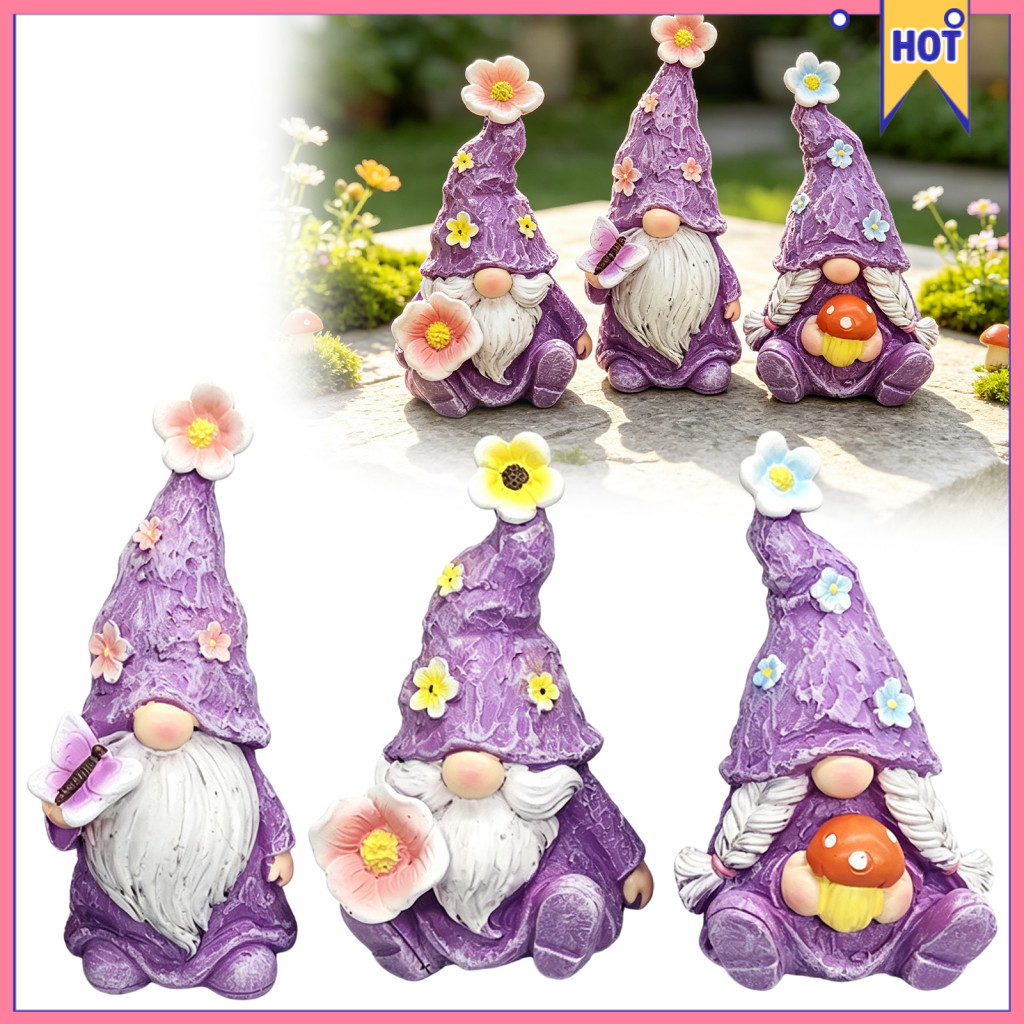 3pcs Lavender Gnome Elf Figurines Set – Cute Resin Spring Floral Decor for Patio Desk Garden Ornaments Perfect Southea