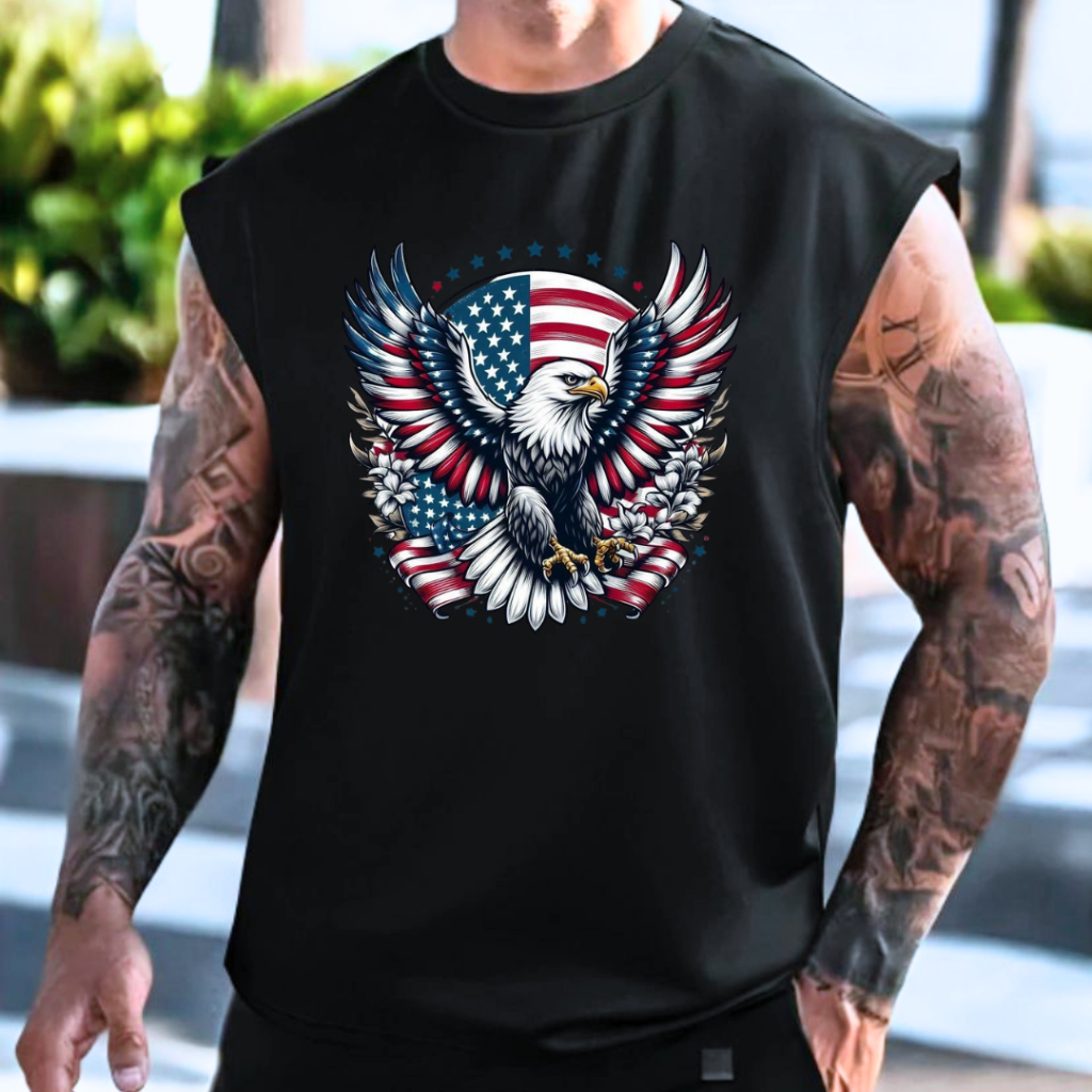 Camiseta Regata Oversized Águia USA Masculina Streetwear 100% Algodão Camisa Larga Academia Sem Mangas Moda Machão