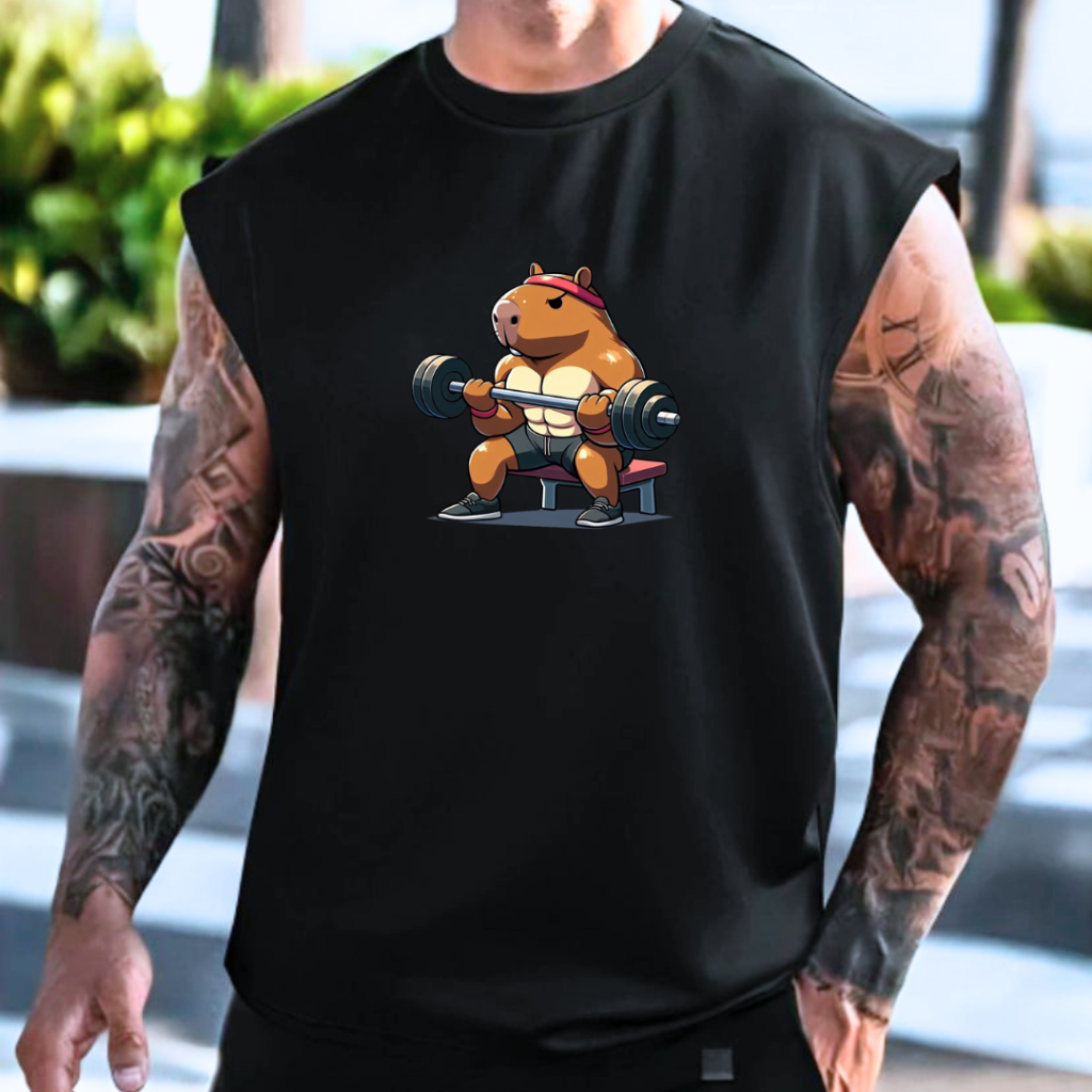 Camiseta Regata Oversized Estilo Street Capivara Camisa Larga Sem Mangas Preta Regatão 100% Algodão Maramba
