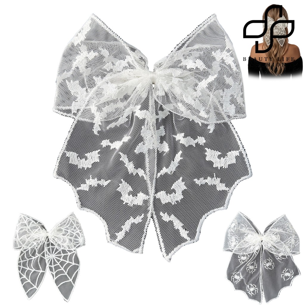Beautylife Laço De Cabelo De Renda De Halloween , Grampo Bordado De Morcego/Aranha/Web , Prendedor Com Grande Estilo Gót