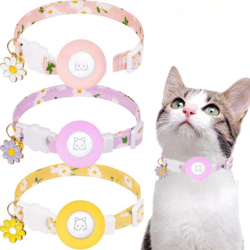 Airtag Cat Collar, colarinho Breakaway com Silicone Airtag Holder, Bells & Flower Charm para Menina Gatos Menino Cães Pe