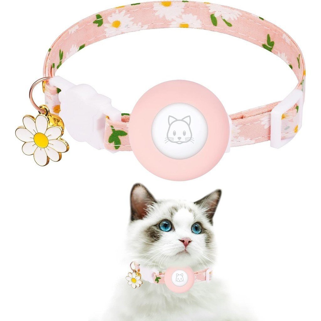 Airtag Cat Collar, colarinho Breakaway com Silicone Airtag Holder, Bells & Flower Charm para Menina Gatos Menino Cães Pe