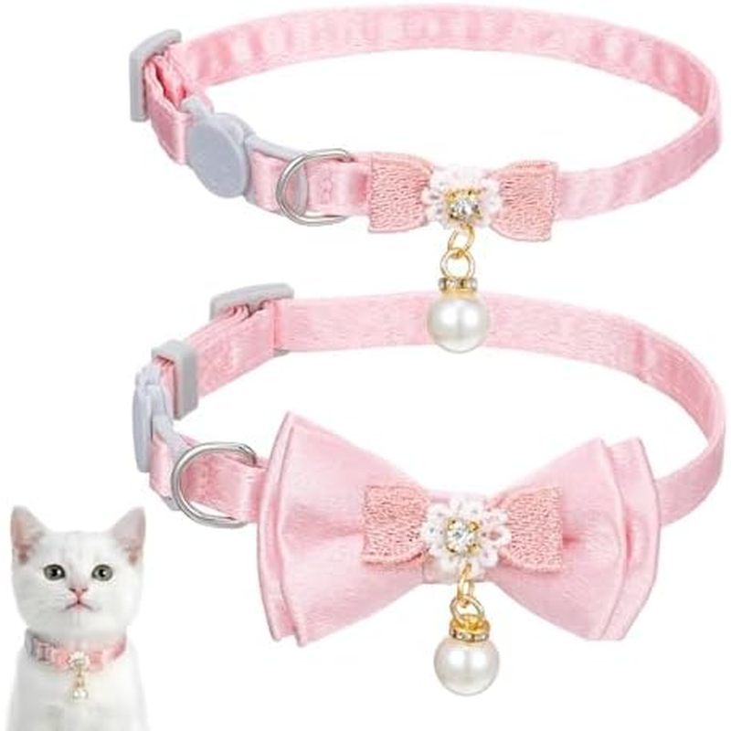 2 Pack Breakaway Cat Collar with Bowtie and Bell, Cute Pink Cat Collar for Girl Cats Adjustable Safety Collars Soft Kitt