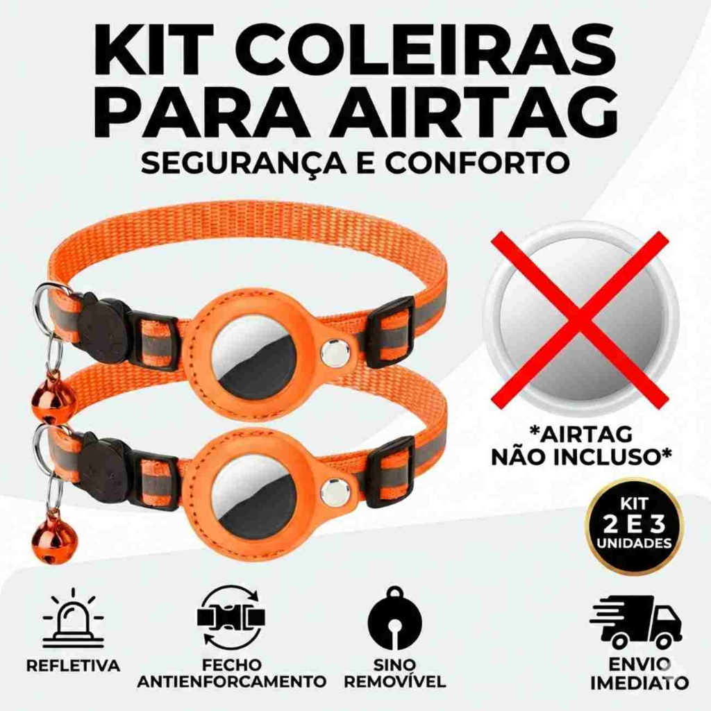 Coleira Gato Breakaway Cachorro Pequeno C/ Suporte AirTag Refletiva Sino Removível - Kit  2 ou 3 Uni