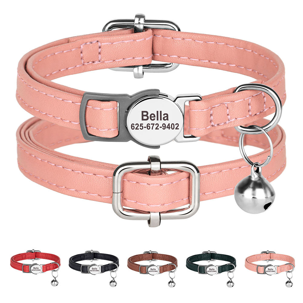 Coleira Personalizada De Gato Breakaway Com Sino De Couro Macio Kitten Puppy ID Tag Collars Ajustável Gravado Livre
