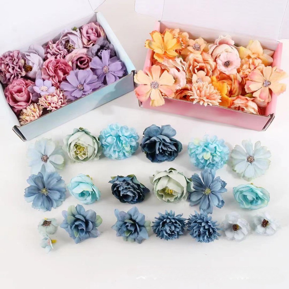 【 Aesthetic Combinação 】 20 PCS Diferentes Cabeças De Flores Artificiais Blue Ball Chrysanthemum Peony Rose Hydrangea Artificial Flower Home Decoração De Casamento Bolo De