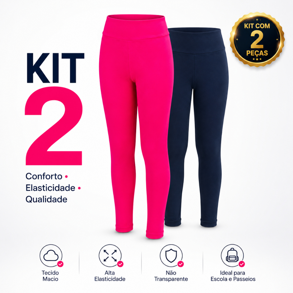 Kit 2 Calças Supléx Legging Lisa Infantil Juvenil Para Meninas Uniforme Básico Zero Transparência Confortável