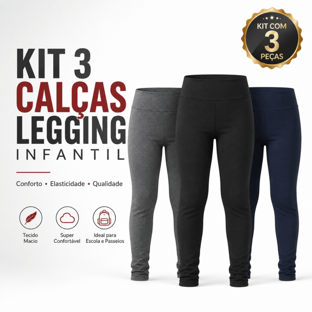 Kit 3 Calças Leggings Súplex Básica Infantil Juvenil Zero Transparência  Para Meninas Uniforme Escolar