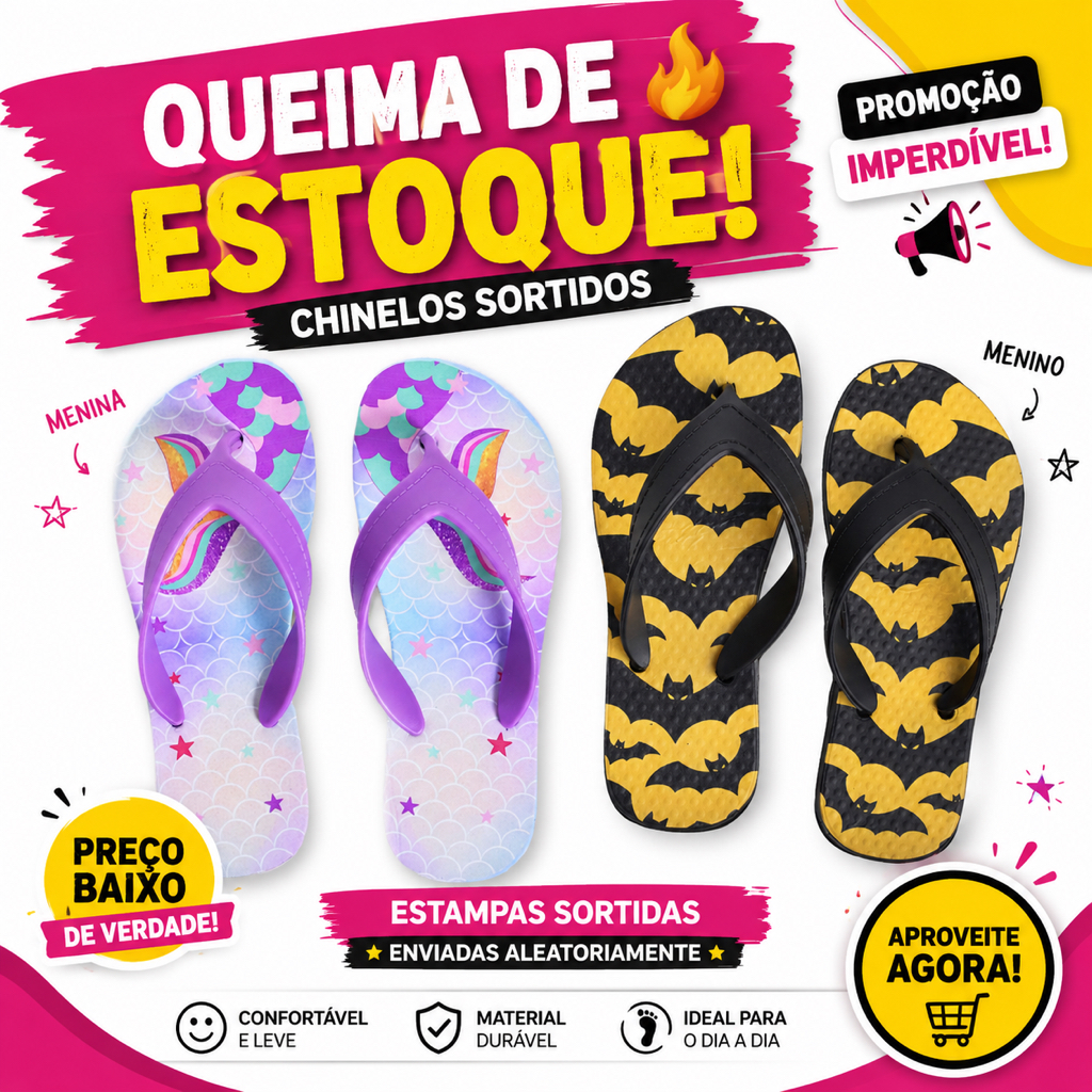 Chinelo de Dedo Infantil Masculino e Feminino de Personagens Sortidos Leve Macio Zero123