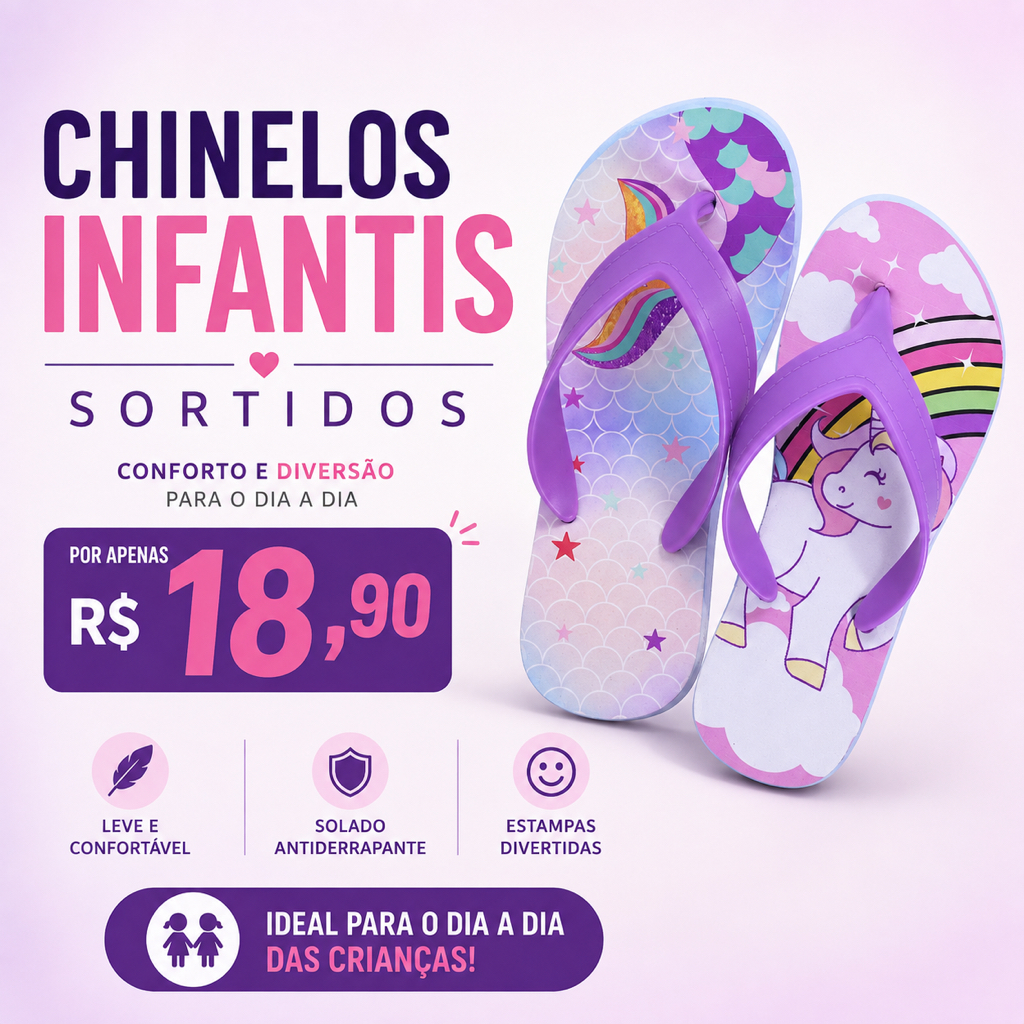 Chinelo de Dedo Infantil Feminino de Personagens Sortidos Leve Macio Antiderrapante Zero123