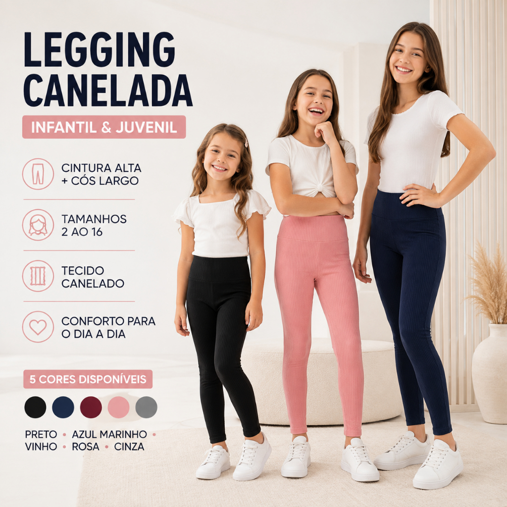 Calca Legging Canelada 3D Juvenil Menina Infantojuvenil Modinha Blogueira Zero Transparencia