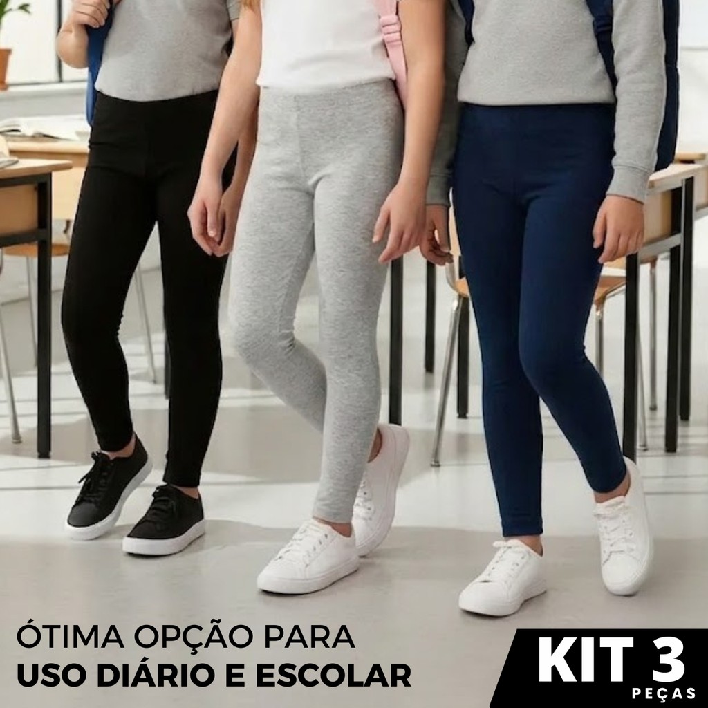 Kit 3 Calça Legging Algodão Infantil Juvenil hipoalergênico Celina Zero Transparencia Básica Escolar