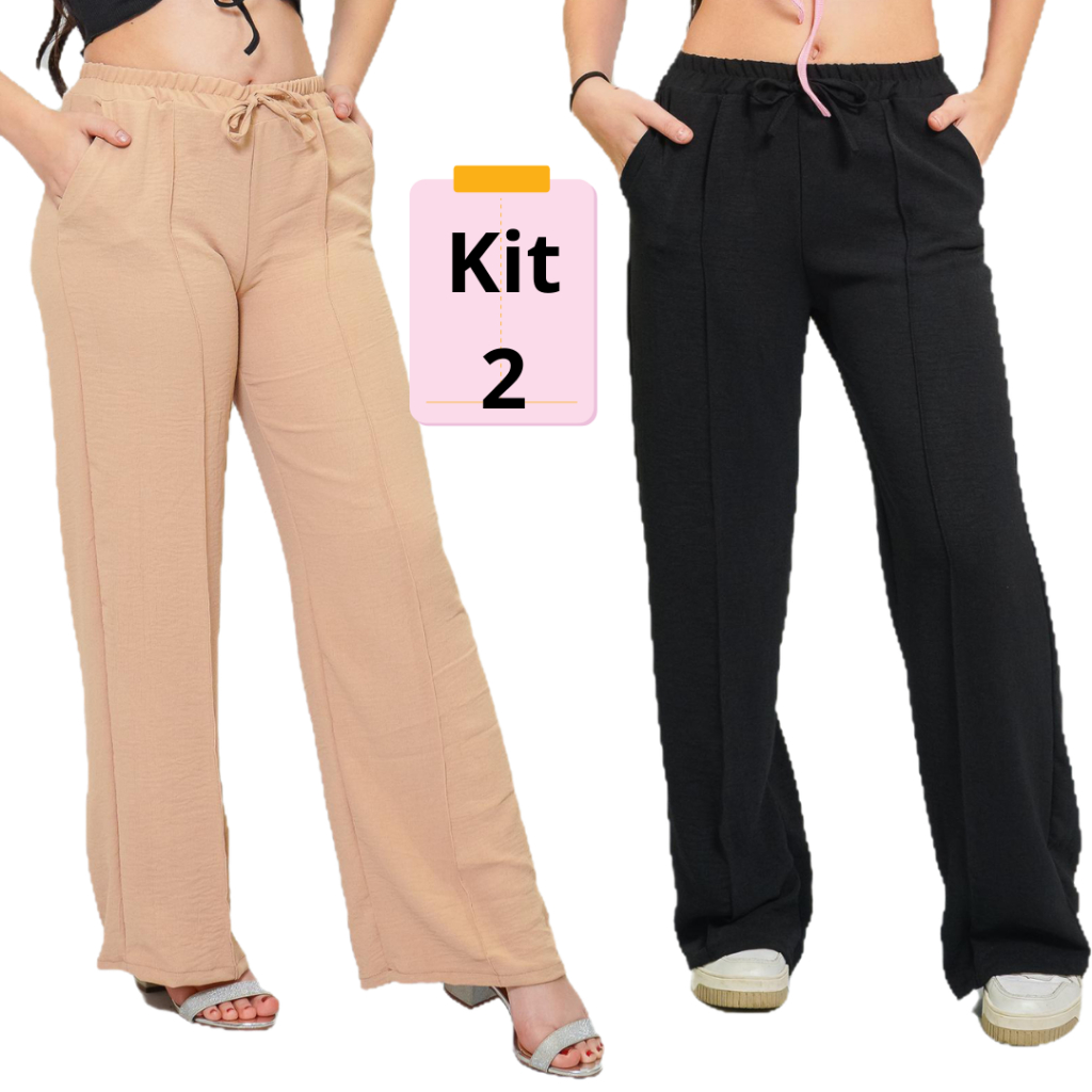 kit 2 calça feminina juvenil duna wide leg ou pantalona zero transparência