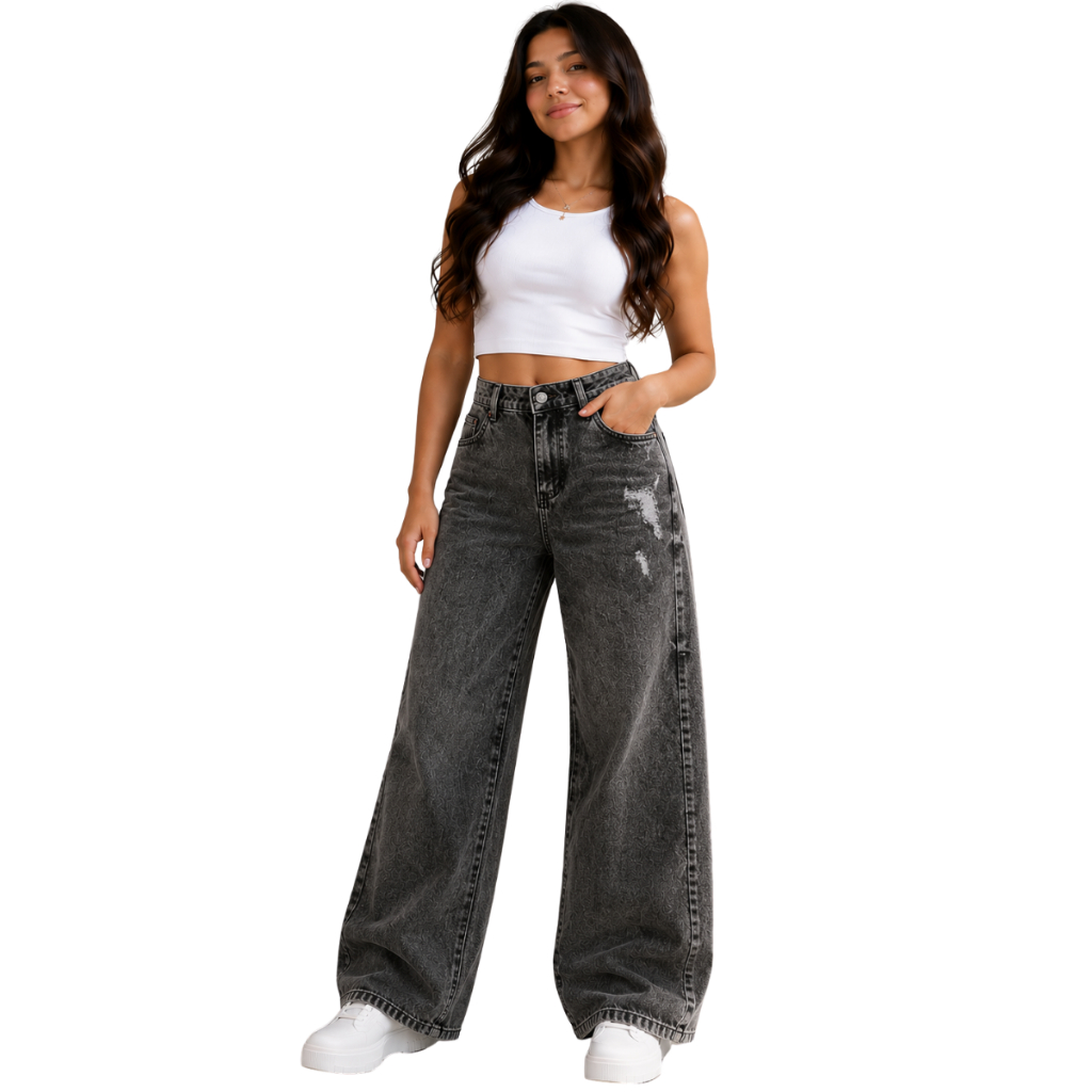 Calça jeans wide leg pantalona juvenil feminina infantil com desenho Guerreiras  k-pop