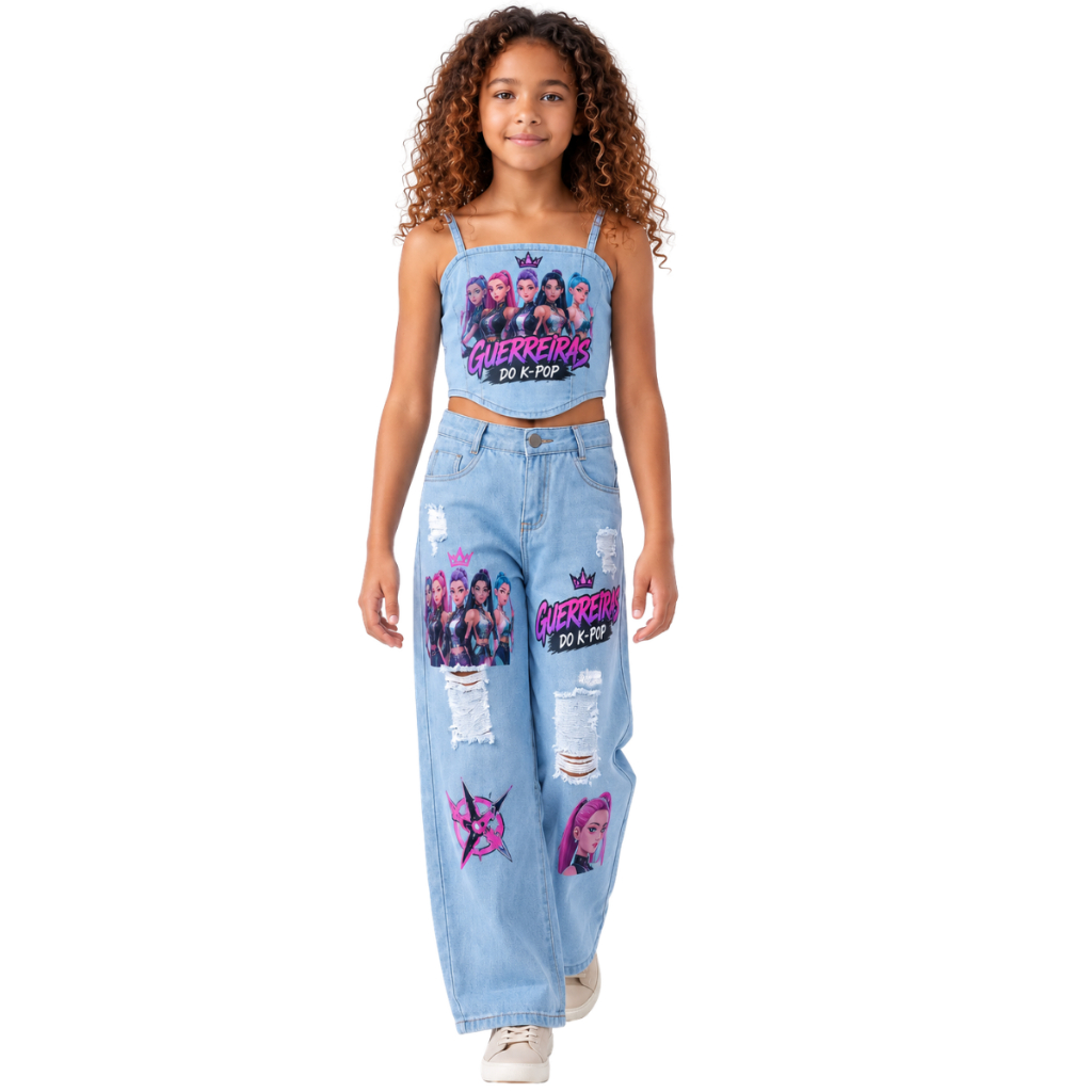 Conjunto Guerreiras do K-pop Jeans Infantil  Cropped e Calça Tendência Blogueirinha