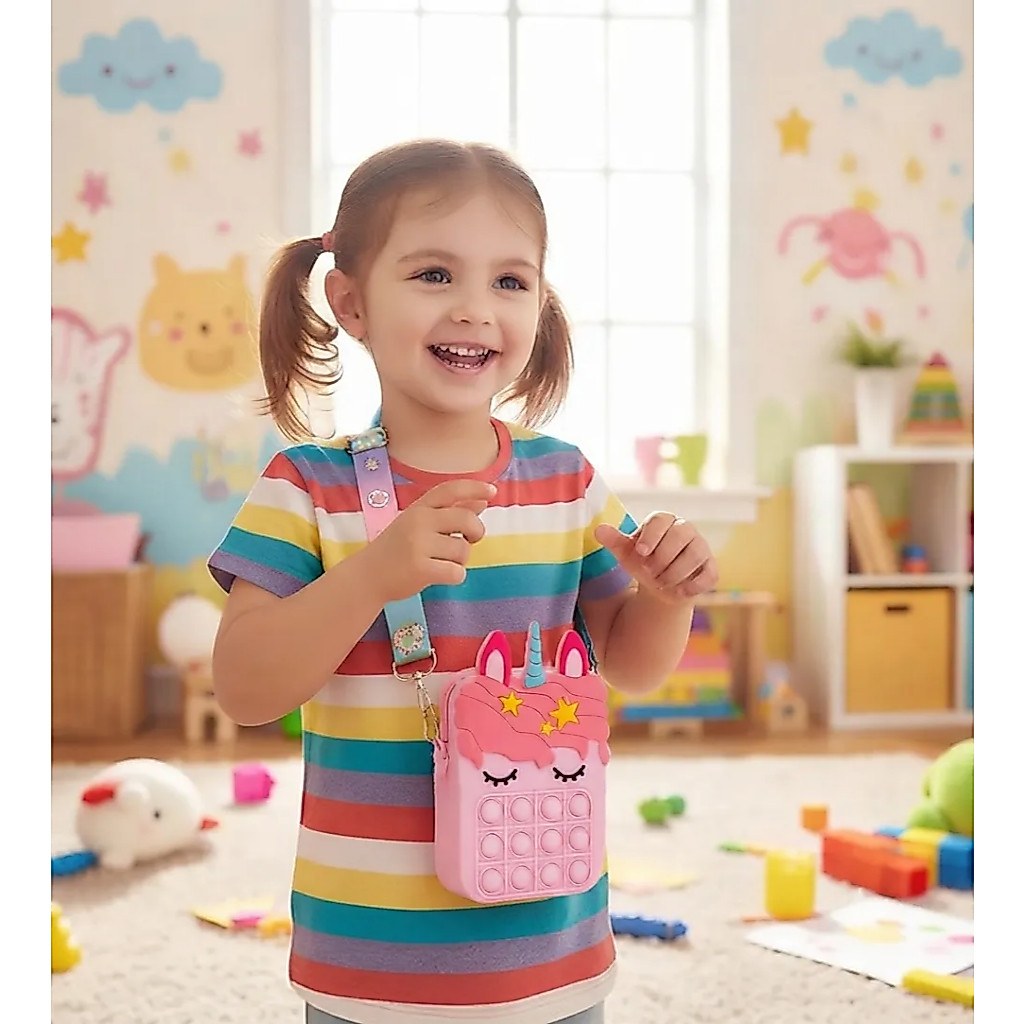 Bolsa de Ombro Pop It para Menina, Mochila Infantil De Silicone Unicórnio Feliz