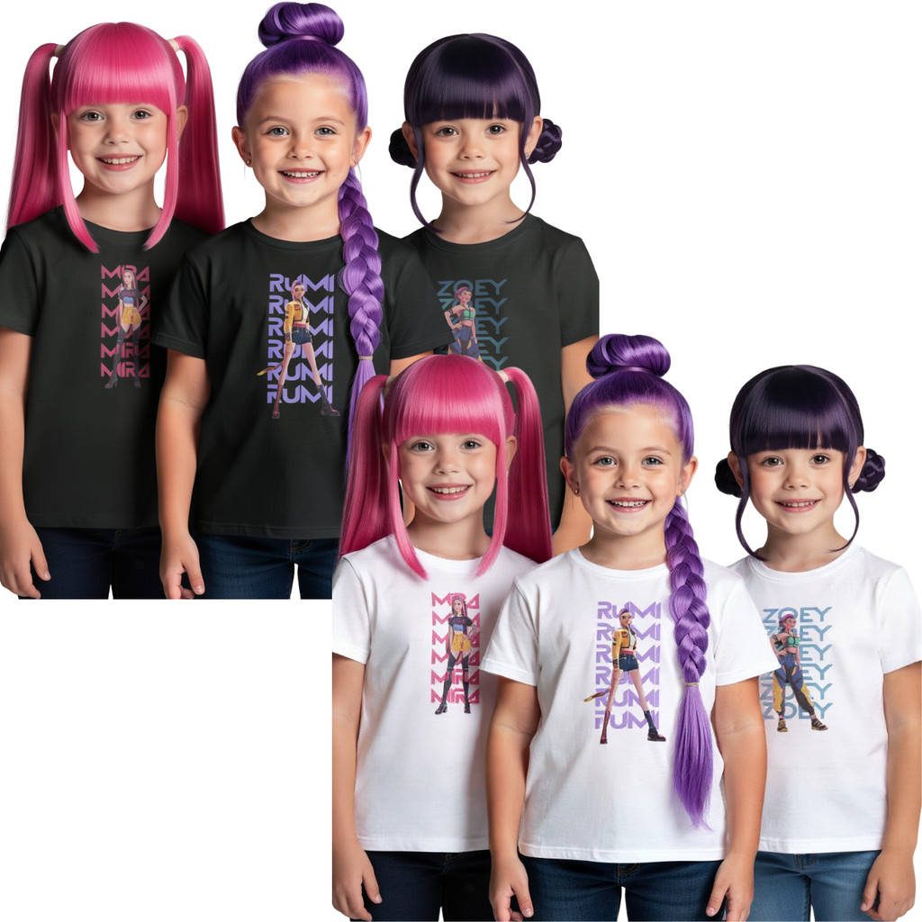 Kit 3 Camisetas Algodão Huntrix Personagens Rumi Mira Zoey K-pop Hunter Confortável Branco Preto
