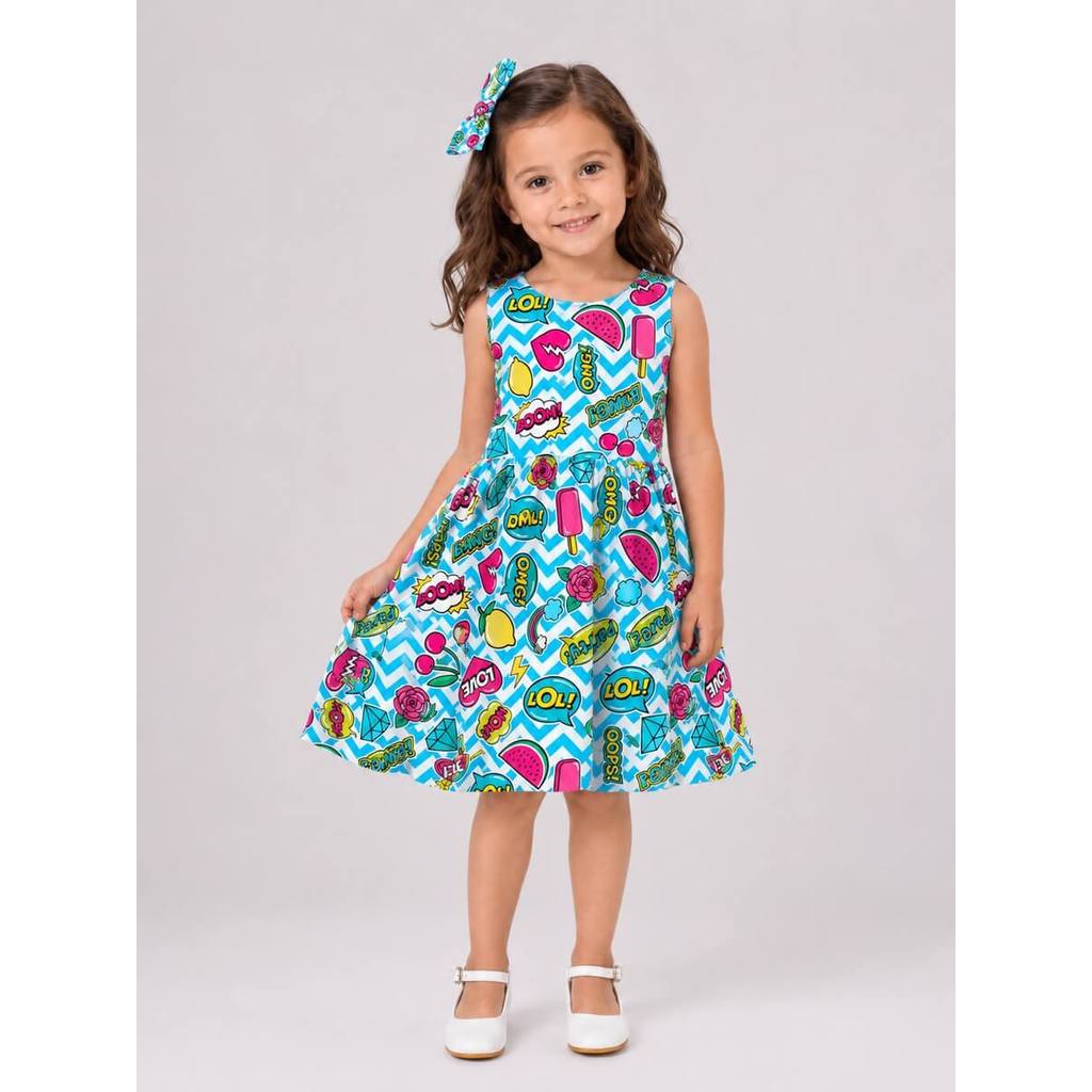 Vestido Infantil Menina Pop Art Festa Com Laço De Cabelo