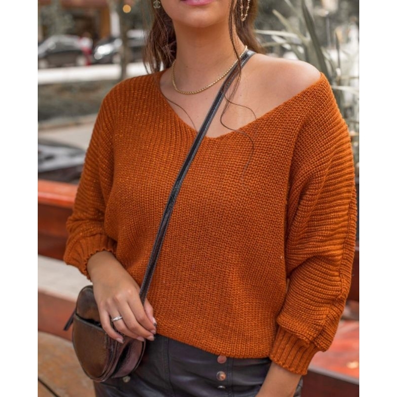 Blusa feminina ponto pérola decote V manga 3/4 tricot despojado