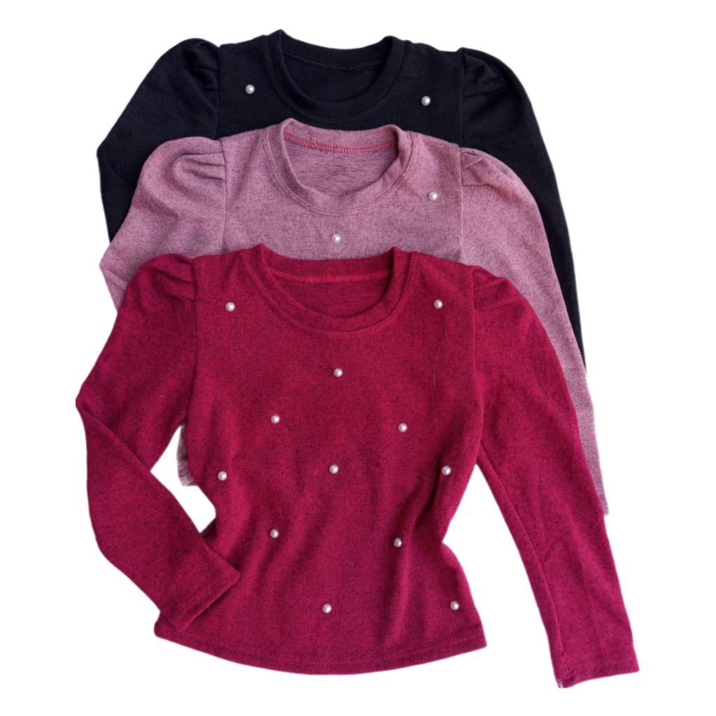 Blusa de lã infantil meninas perolas quentinha blusa de frio feminina infantil blogueirinha