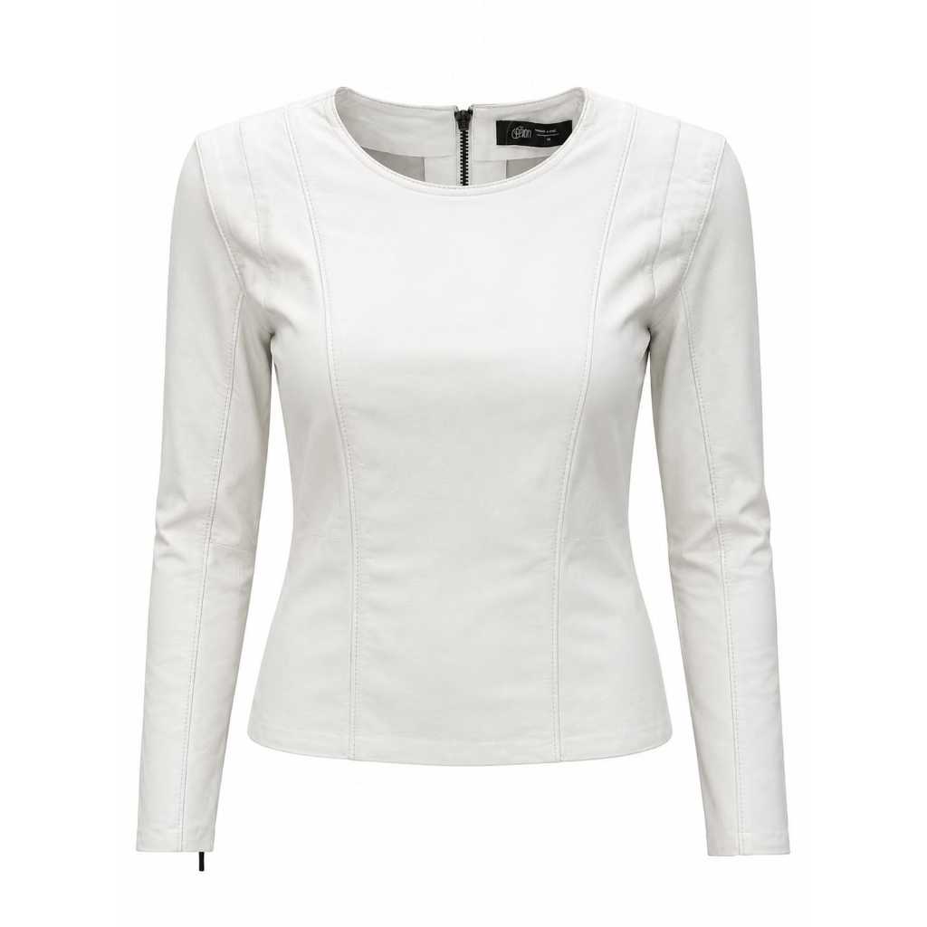 Blusa Feminina Couro Legítimo Pelica Italiana Branco Pérola Manga Longa Zíper Costas Premium Opion