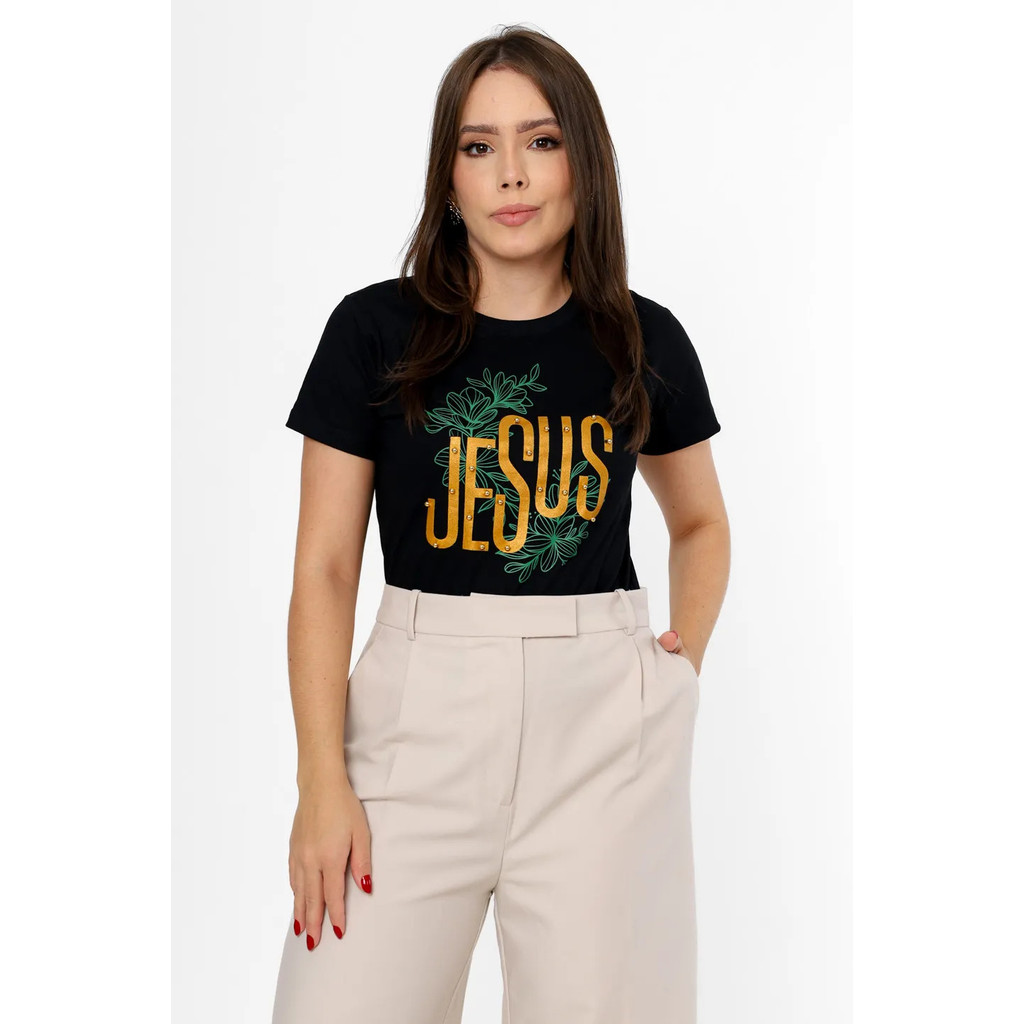 BLUSA FEMININA ESTILOSA T-SHIRT CSUAL CRISTÃ JESUS FOLHAS PÉROLAS BLUSA 100% DE ALGODÃO
