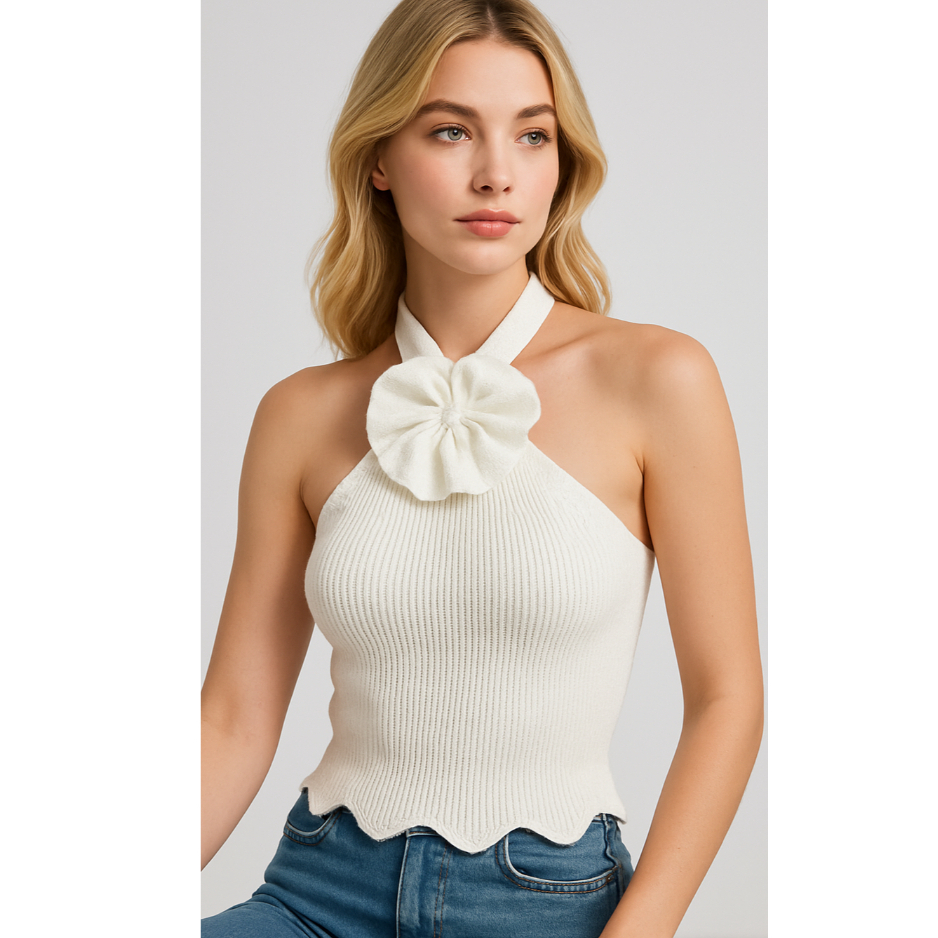 Blusa Feminina Estilosa Top Cropped Modal Detalhe Flor Perola Tricô Premium Verão Tricot