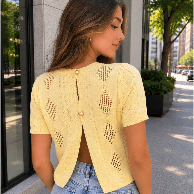 Blusa Feminina Estilosa Tricô Manga Curta com Abertura nas Costas e Botões de Pérola Casual Elegante